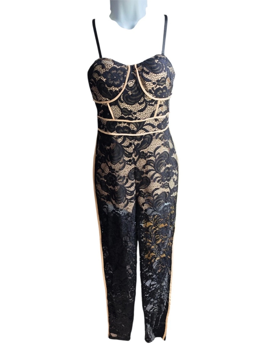 Black Lace Overlay Nude-Underlay Jumpsuit